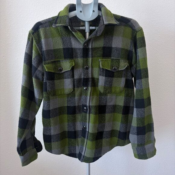 Melton Wintermaster Flannel VTG 50s Shirt L Green Gray Plaid Wool Blend Made USA - Picture 1 of 5